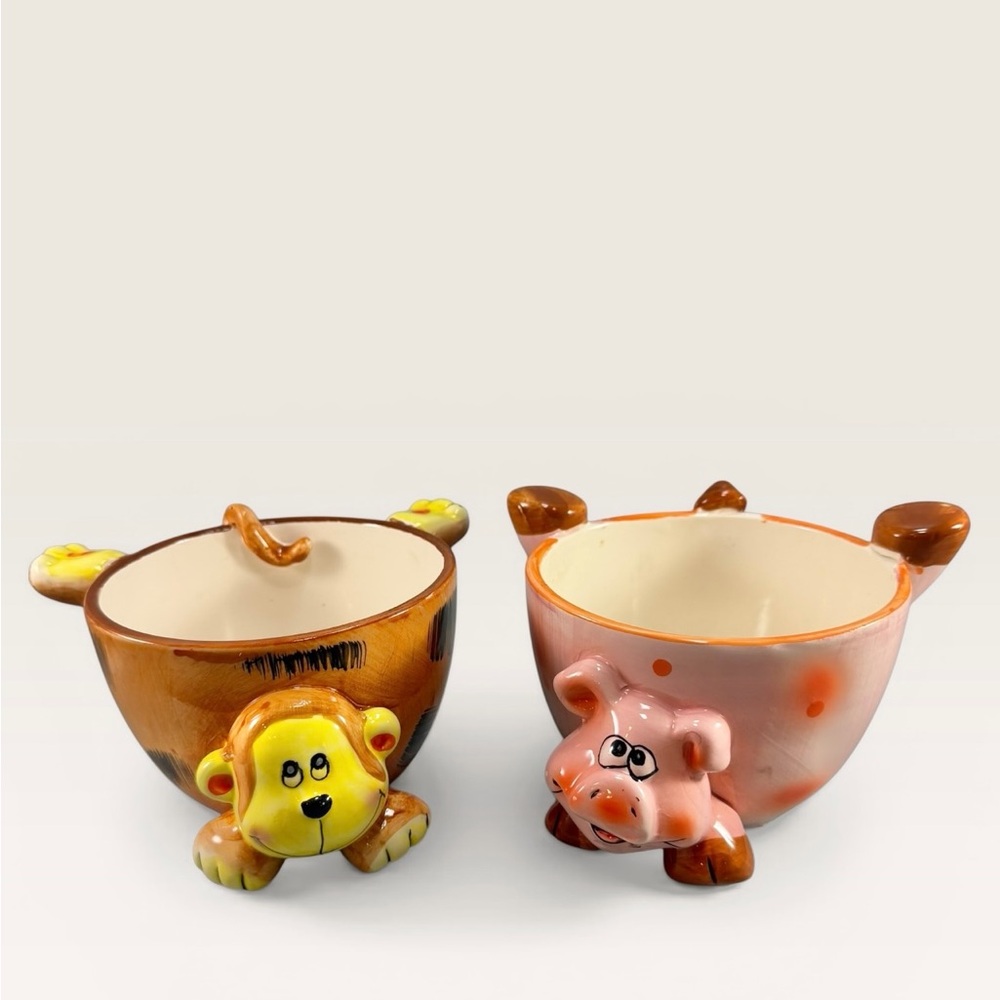 Ceramic Animal Pig Monkey Bowls Cereal Herb Garden Anthropomorphic Character Set